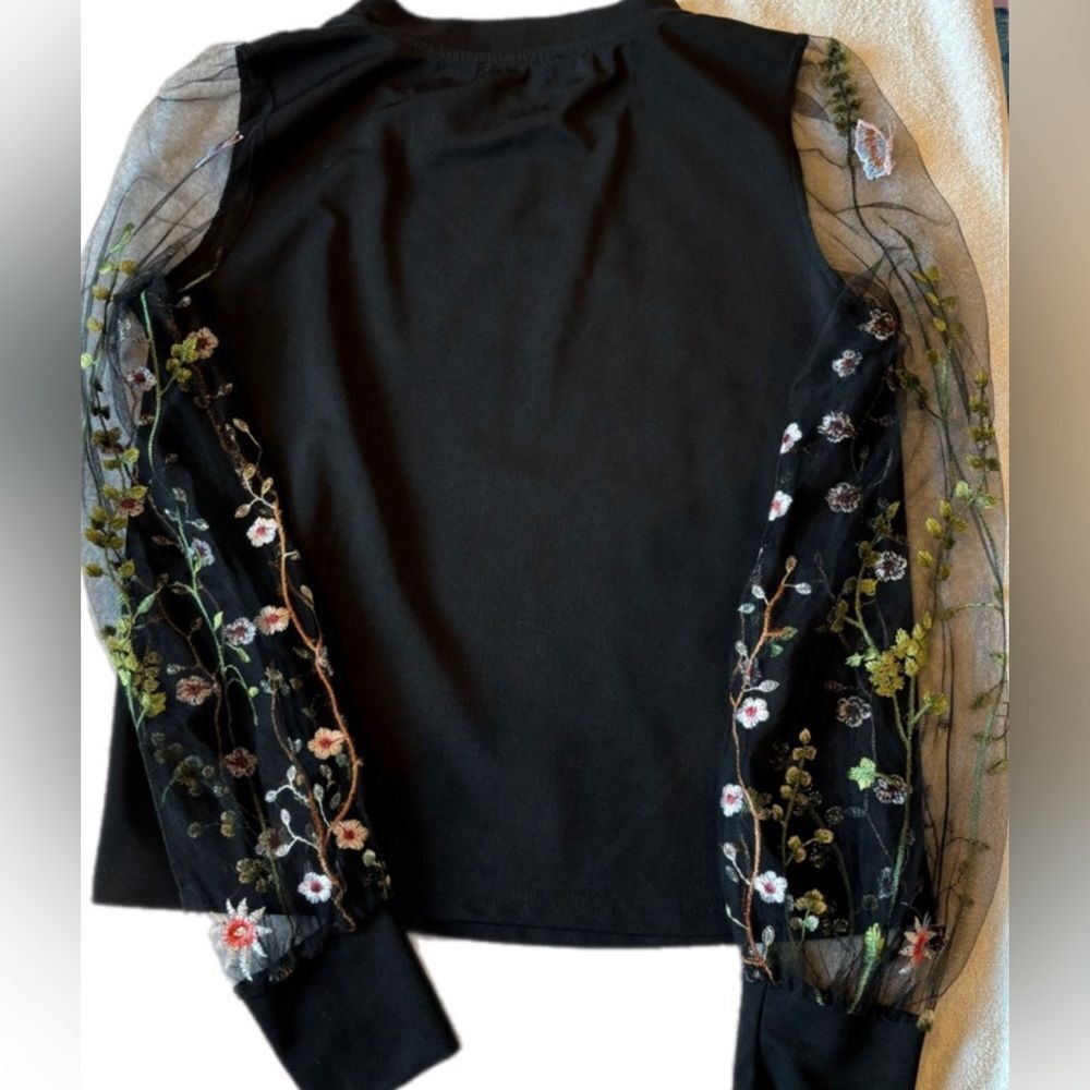 Shirt Women S Floral Embroidery Sheer Sleeve Black Witchy Romantic Y2K 90s Goth